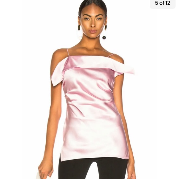 HELMUT LANG Rose Pink Drape Front Satin Off Shoulder Slip Dress Tank Top 4 - Picture 2 of 7